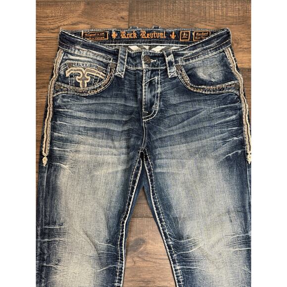 Rock Revival Men’s Rexford Relaxed Taper Jeans 32x32 Grunge Embroidered - Picture 2 of 10